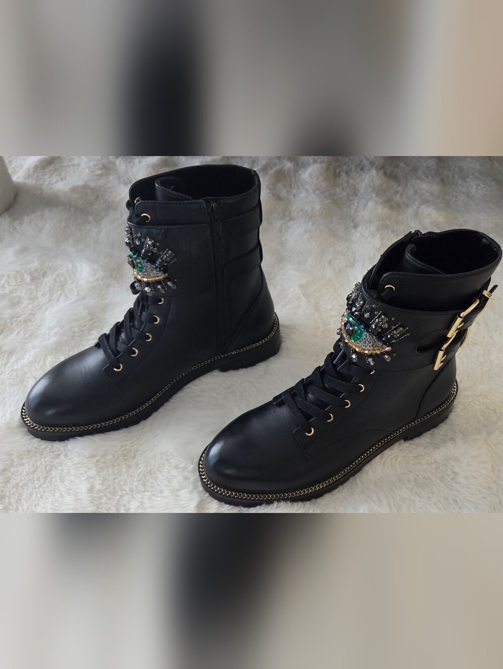 Kurt Geiger Black Lace-Up Combat Boots with Green Jewel Eye Embellishment - Picture 2 of 7